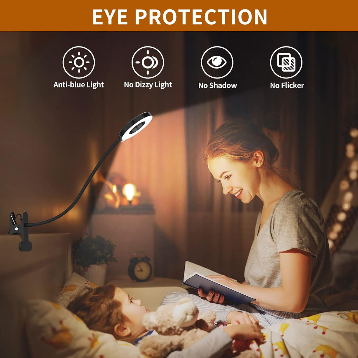 iZELL LED Desk Lamp -【3 Color Modes & 10 Brightness】 Eye Caring Clip on Clamp Light with 70cm Flexible Arm, Book Ring Light with Plug for Home Office, Kids, Reading, Clip on Table, Headboard