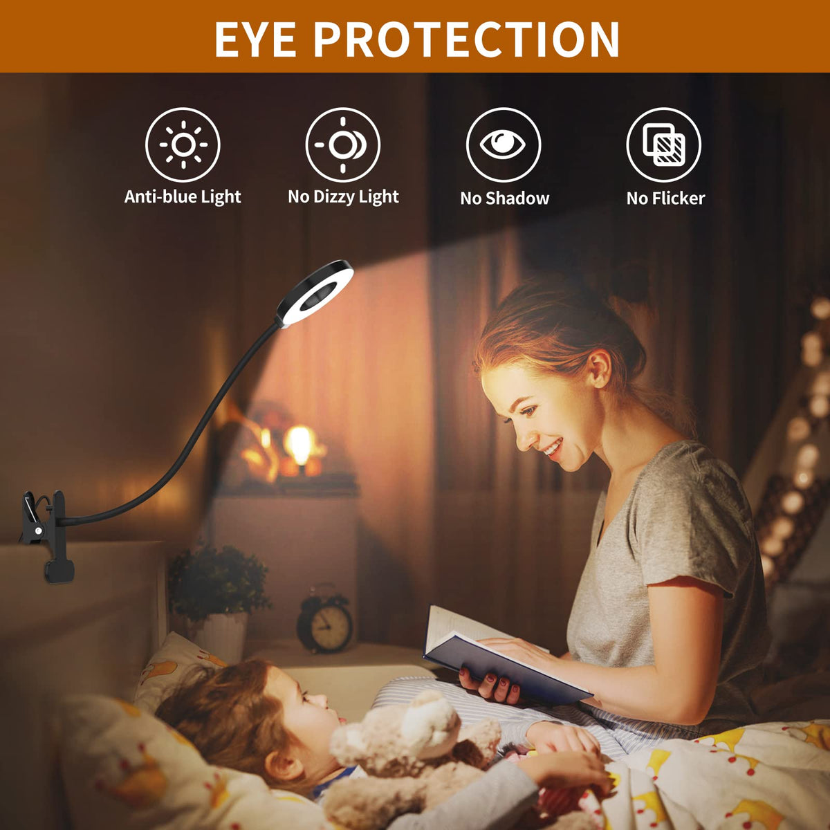 iZELL LED Desk Lamp -【3 Color Modes & 10 Brightness】 Eye Caring Clip on Clamp Light with 70cm Flexible Arm, Book Ring Light with Plug for Home Office, Kids, Reading, Clip on Table, Headboard