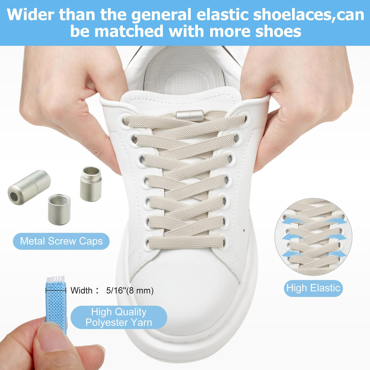 2 Pairs Elastic Shoe Laces for Trainers, 8mm Shoelace