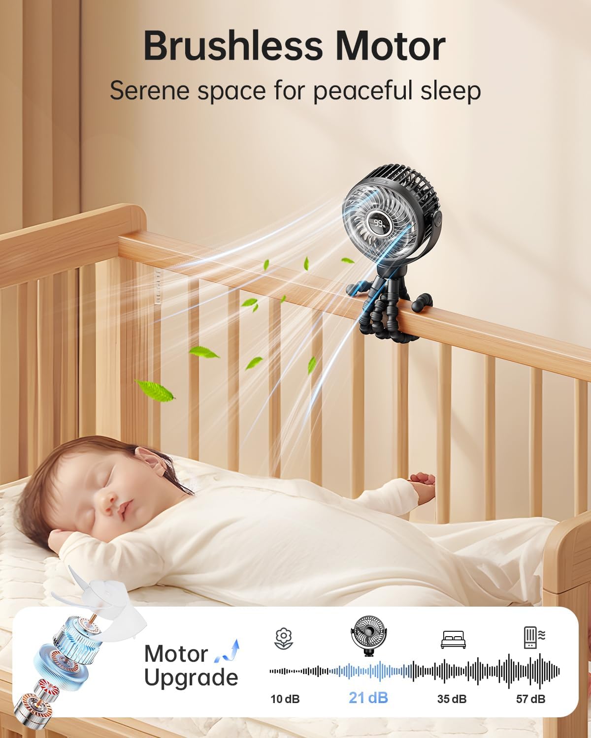 Pram Fan, Rechargeable 4-Speed Clip On Fan, Digital Display, Black