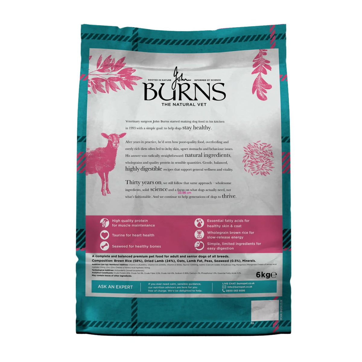 Burns Pet Nutrition Hypoallergenic Complete Dry Dog Food Adult and Senior Dog Original Chicken and Brown Rice 12 kg