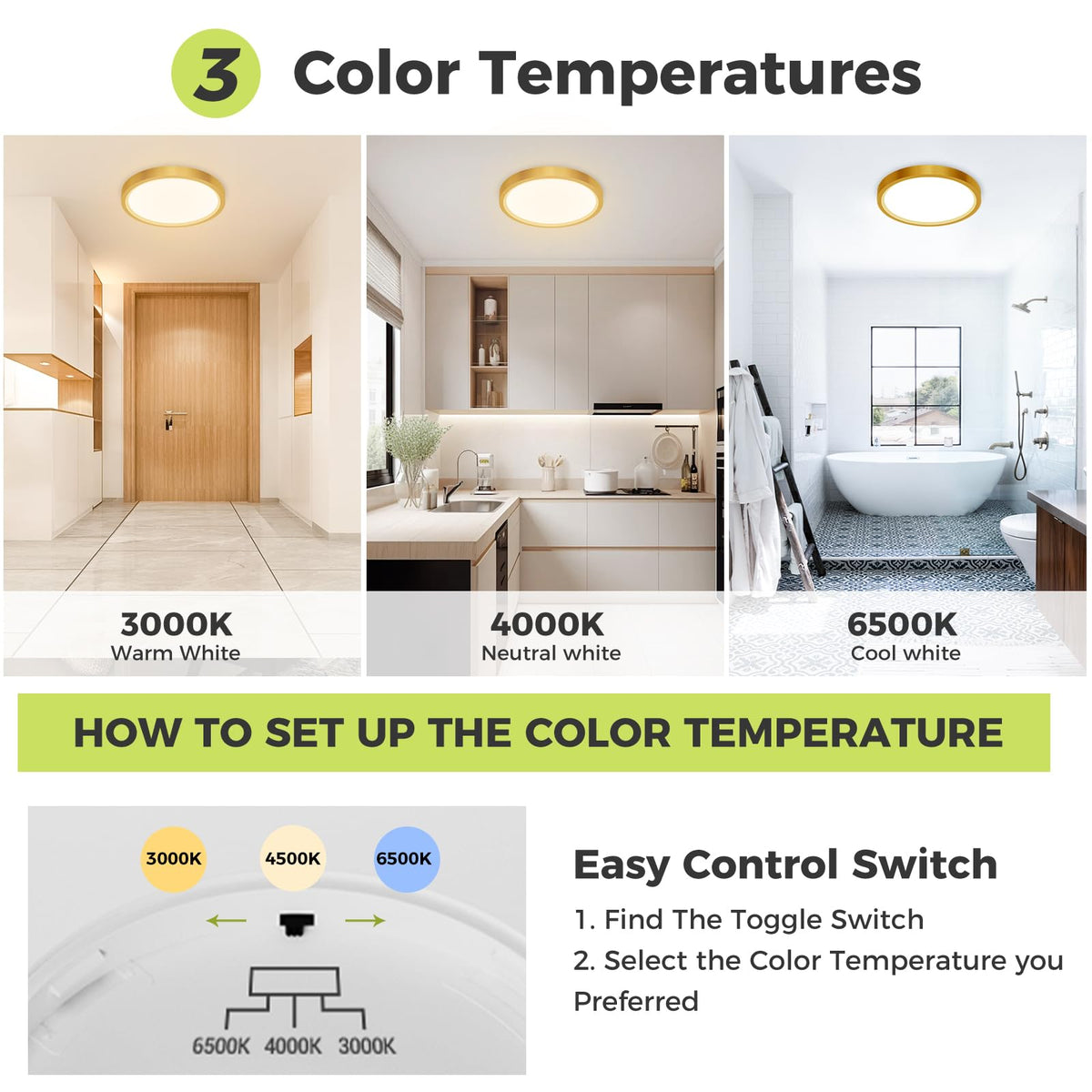 hepside Bathroom Light, 3000K/4000K/6500K 3 Color Temperature LED Ceiling Light, 15W 1500LM, Waterproof, Round, Small, Modern, Flush Ceiling Light for Bathroom, Kitchen, Bedroom, Black
