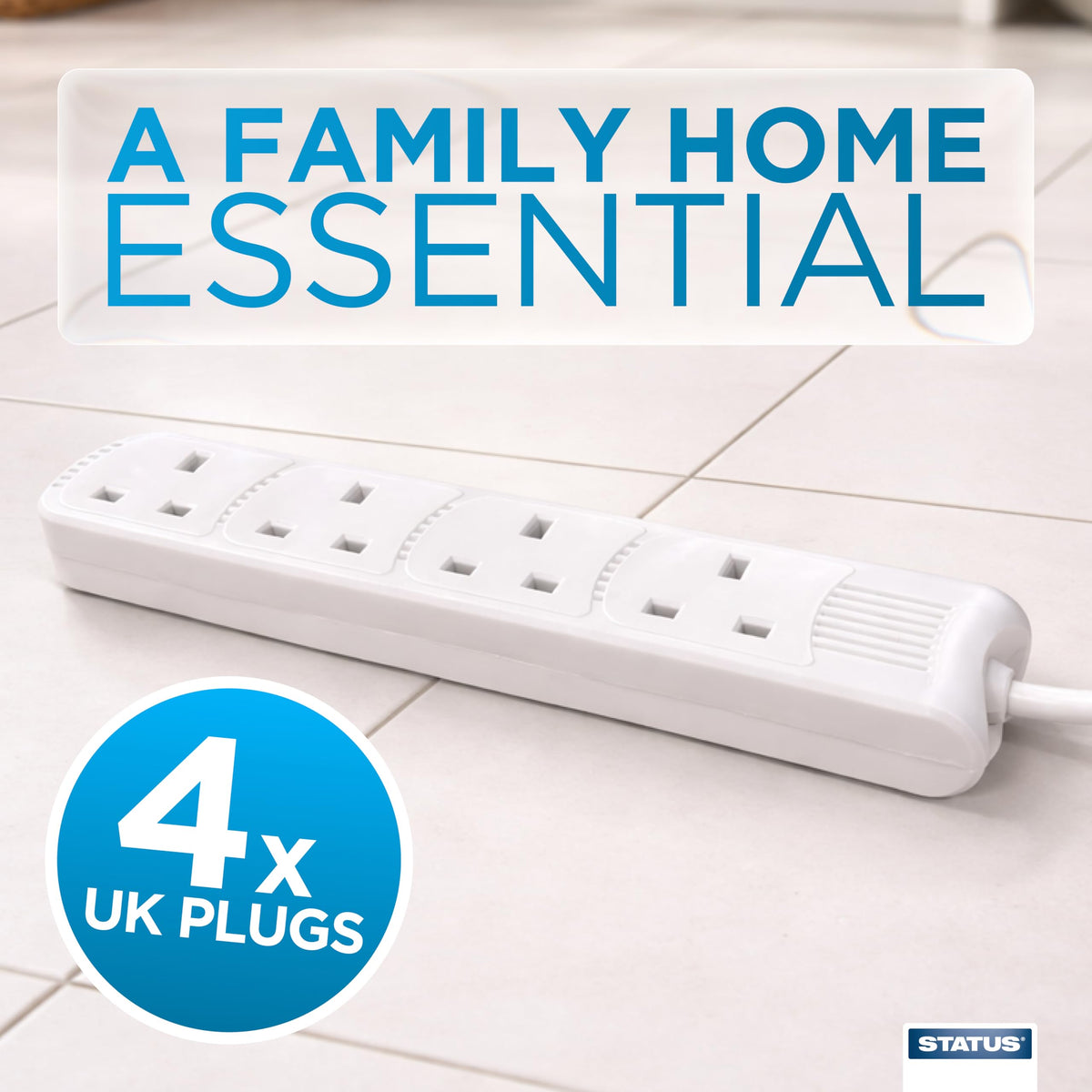 STATUS 4 Way Socket Extension Lead, 4m Cable with Neon Power Indicator, 13A Multi-Plug Strip for Home or Office, Wall Mountable, White (S4W4MS6)