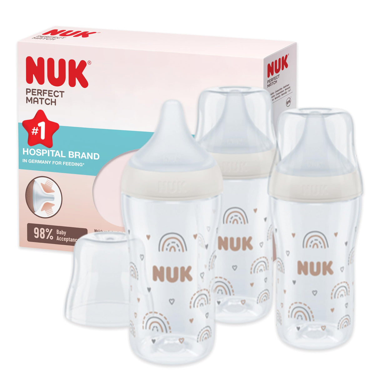 NUK Perfect Match Newborn Baby Bottle Set | 0+ Months | 150ml | Anti Colic Feeding Bottle | PP | Temperature Control Indicator | Rainbow | 4 Count