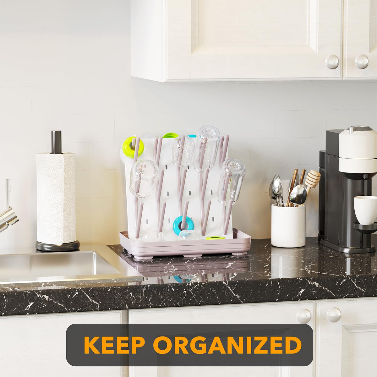SpaceAid Baby Bottle Drying Rack with 20 Hooks, White and Gray