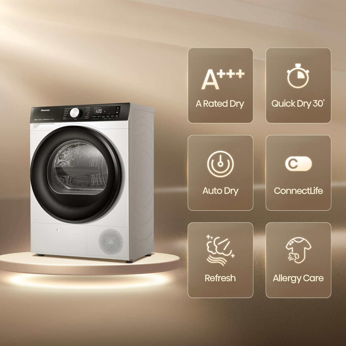 Hisense DH1Q802BW2 60cm Freestanding 8 KG Heatpump Front Load Tumble Dryer, 16 Programmes, Auto Dry, Steam Refresh, Allergy Care - White