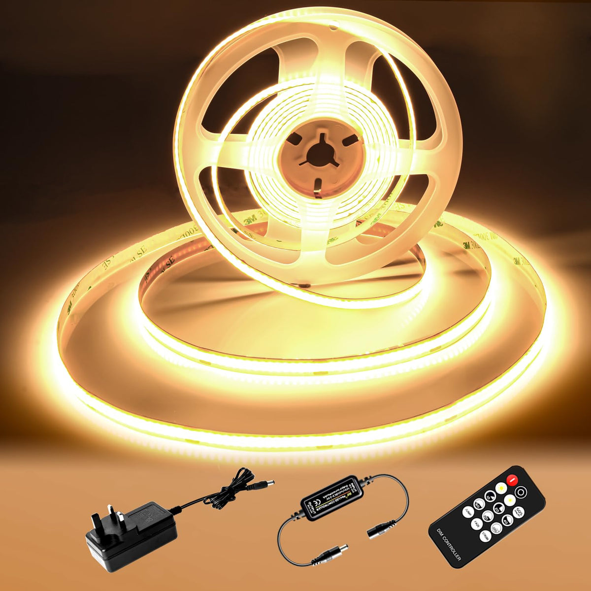 COB LED Strip 7.5m Warm White, 3000K, 24V, Remote Control, 8mm Wide