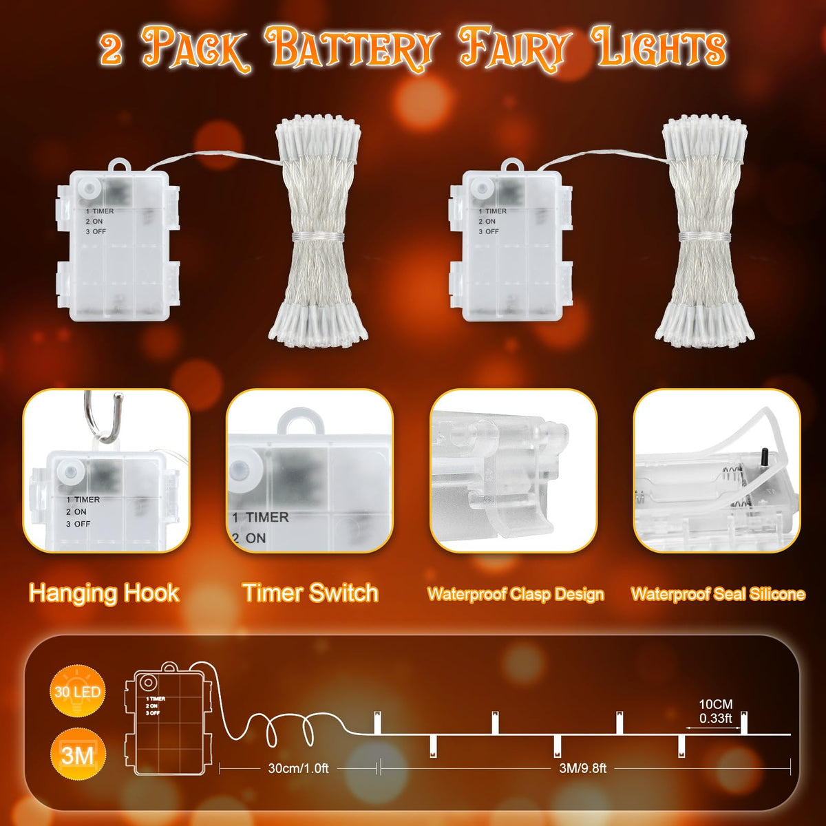 Dalugo Battery Fairy Lights, 3M 30 LED Warm White String Lights with 6h Timer, IP65 Waterproof Battery Powered Fairy Lights for Indoor Outdoor Christmas Decorations