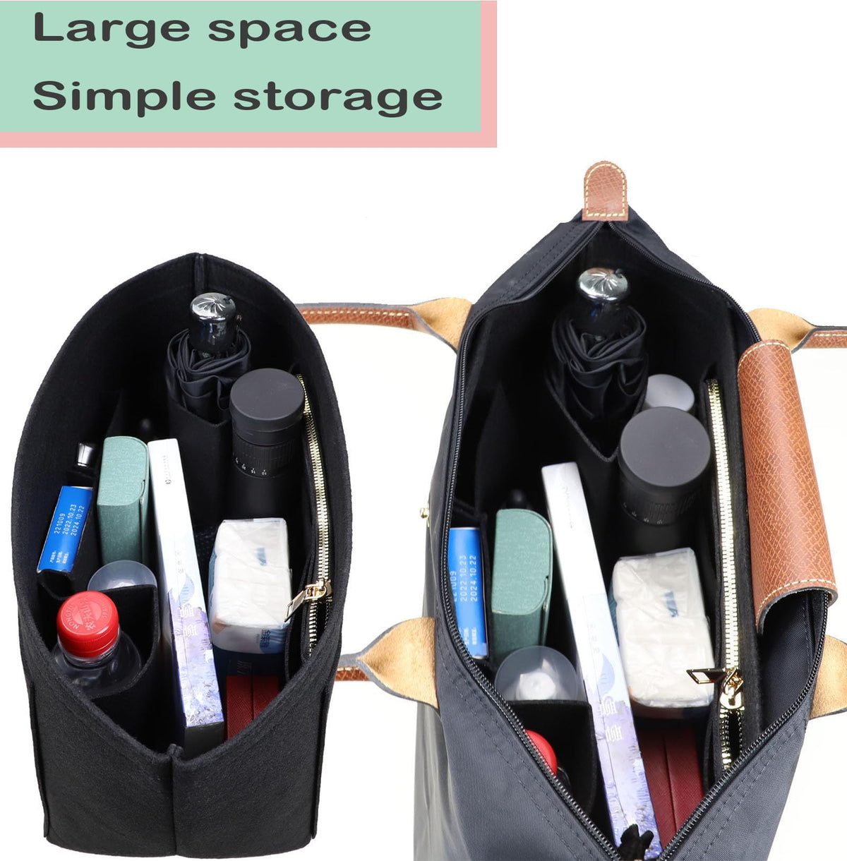 Lckaey tote bag organizer insert for Longchamp le pliage large tote insert felt purse zipper bag organizer 1028pink-S