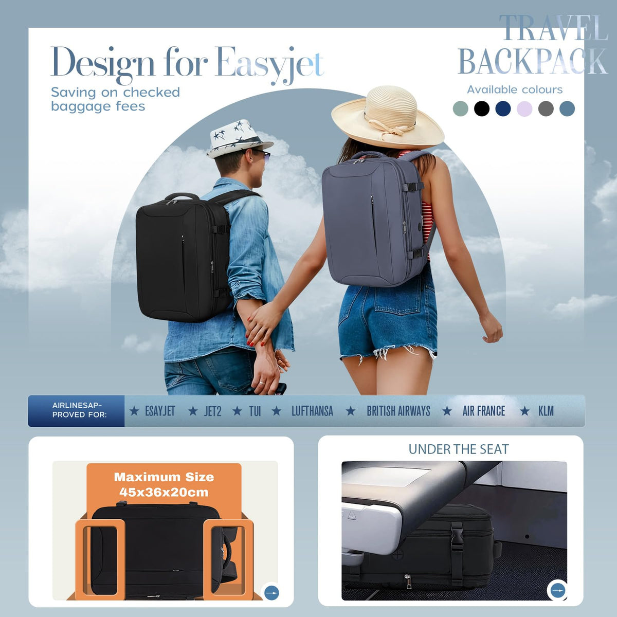 Xkdoai for Ryanair Cabin Bags 40x30x20,Backpack with TSA Approved Clear Bag