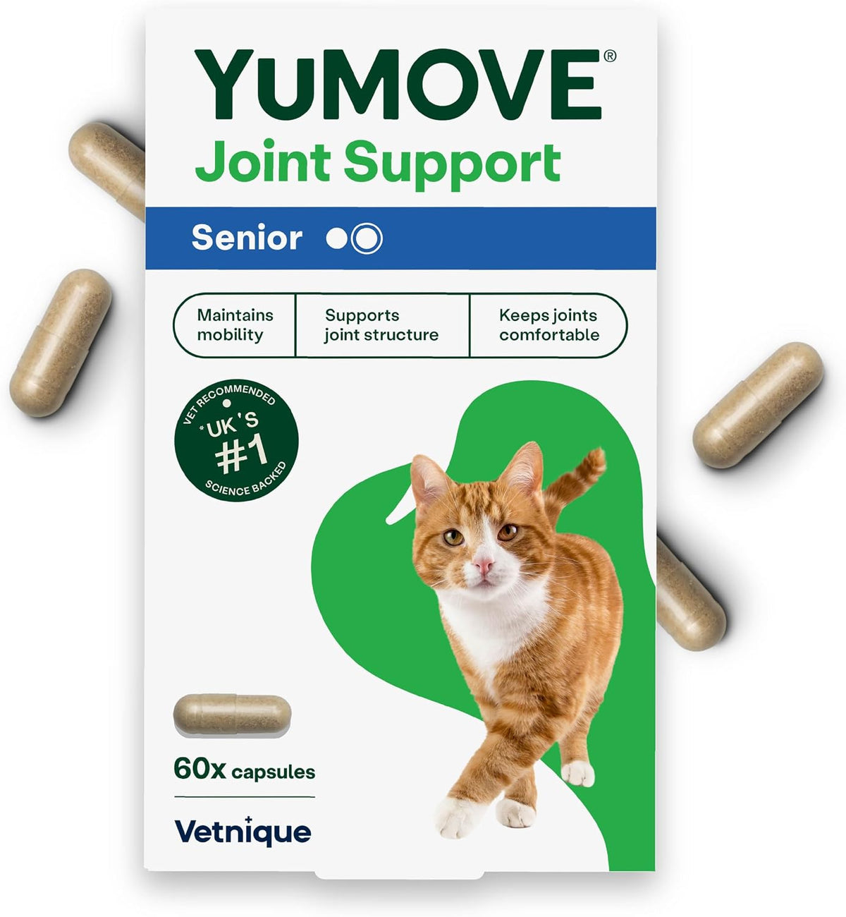 YuMOVE Senior Cat Joint Supplement for Joint Care & Joint Aid, for Older, Stiff Cats with Glucosamine, Chondroitin & Green Lipped Mussel, 60 Capsules - Packaging May Vary