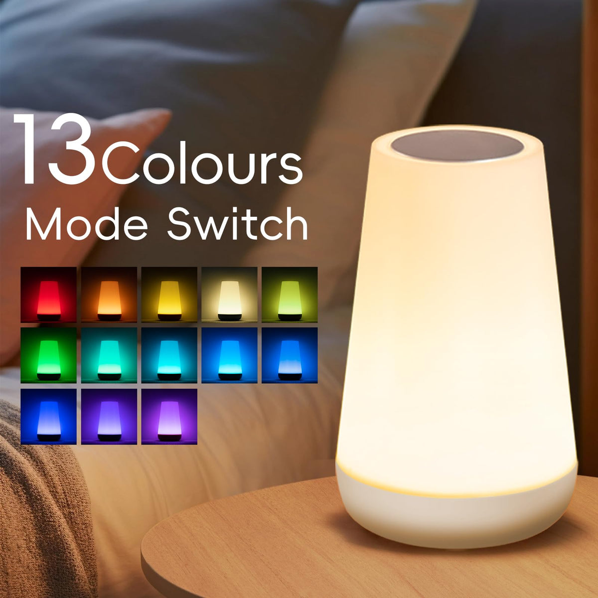 Ledivion Night Light, LED Touch Bedside Table Lamp, RGB Colours Changing, 5 Brightness Level, Timing Function, Dimmable Rechargable Remote Control Light for Bedroom, Living Room