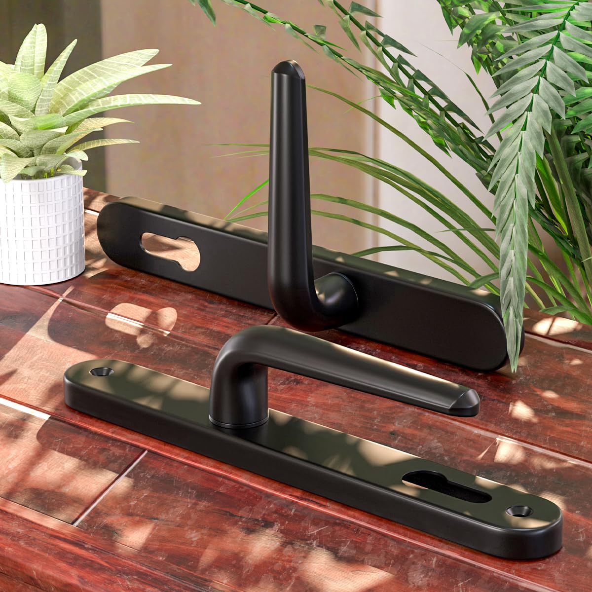Bwintech 1 Set Black UPVC Door Handle Set, 92mm Backset,122mm Screw Hole Distance, 210mm Plate Length Front Door Handles for UPVC Door