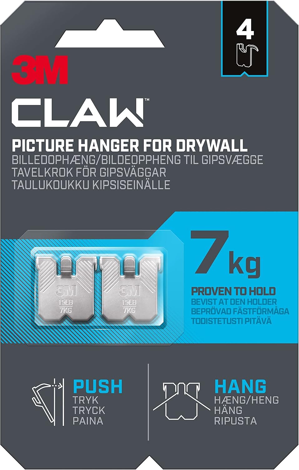 3M Claw Plasterboard Picture Hanging Wall Hooks For Hanging Home Décor, 4 Hangers, Holds up to 7 kg - Ideal for Heavyweight Items