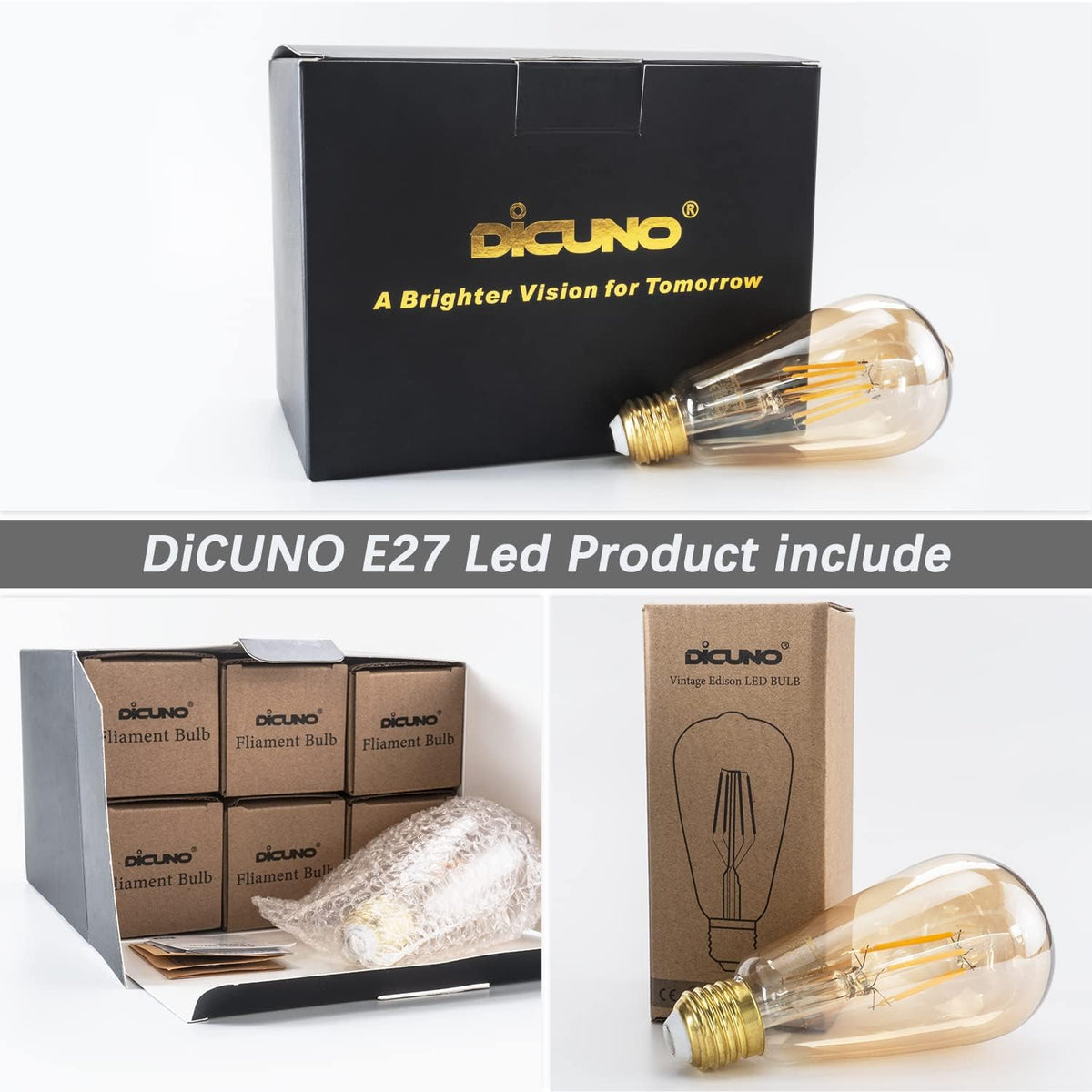 DiCUNO Vintage Light Bulb E27 Edison Screw Bulb, 6W, Warm White 2200K, 6Pcs