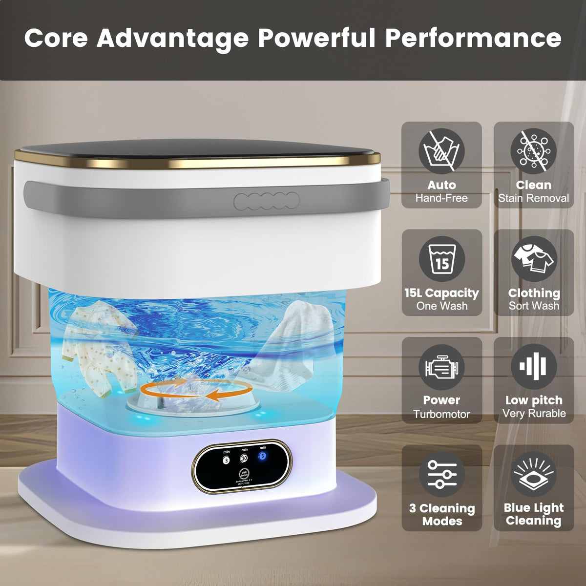 Mini Washing Machine, 15L Portable Washing Machine with Spin Dryer & 3 Cleaning Modes for Small Clothes, Foldable Portable Washer for Apartments, Dorms, Camping (Khaki)