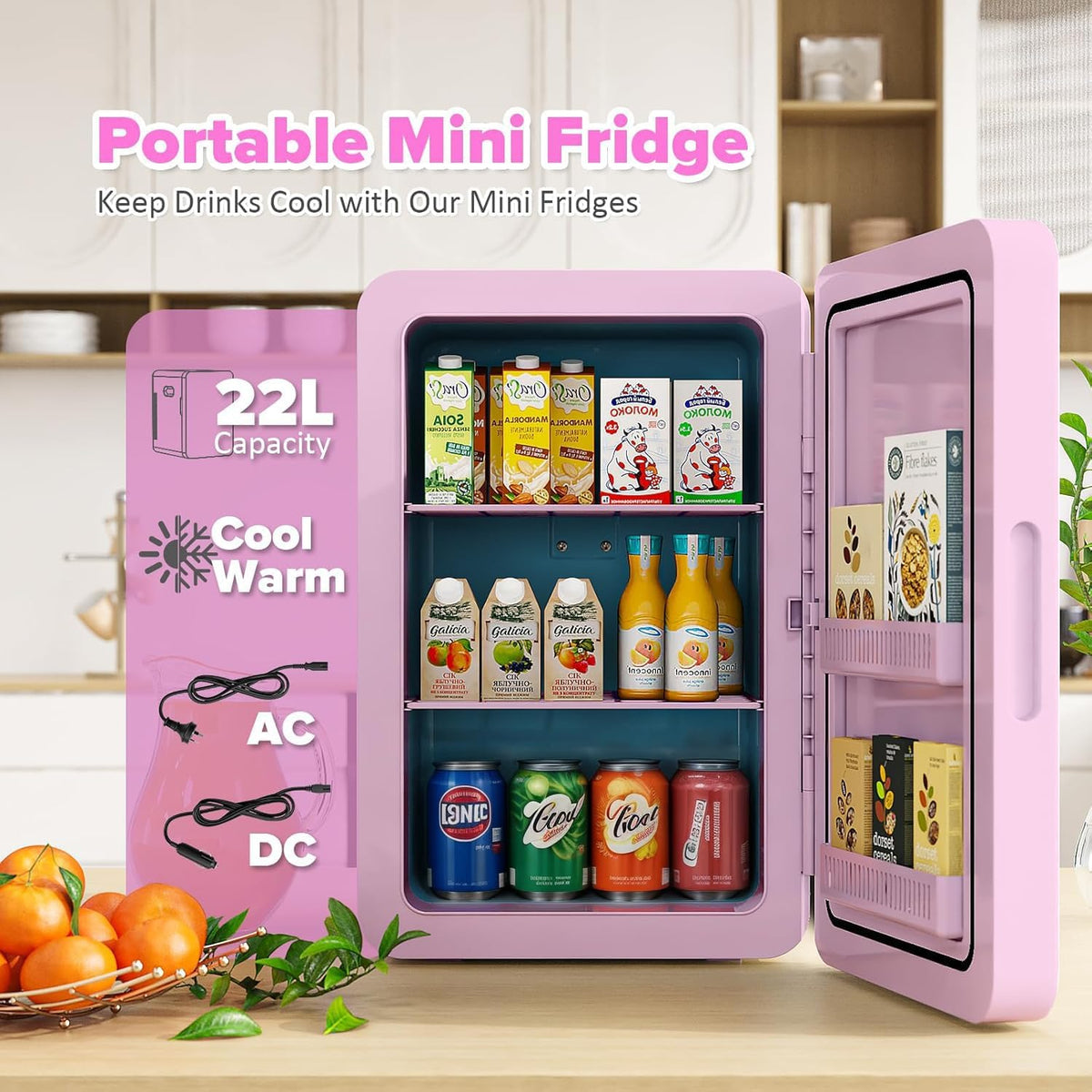 Mini Fridge 22L/30 Cans, Cooler & Warmer for Bedroom, AC & 12V DC