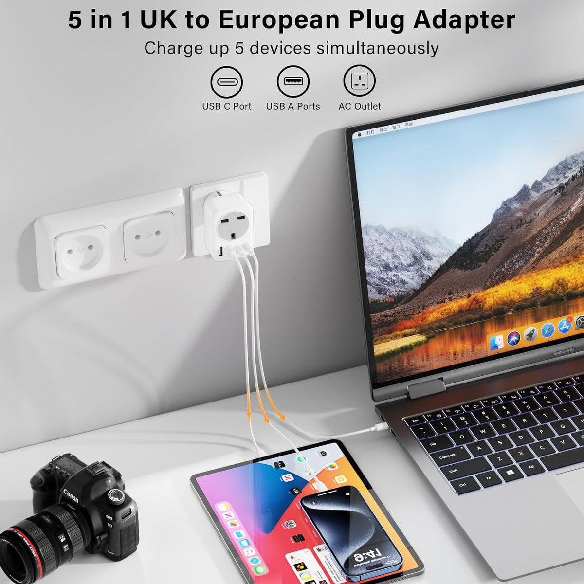 UK To European Plug Adapter,5 IN 1 European Travel Adaptor with 2 USB C & 2 USB A,Grounded EU Plug Adapter for Germany Spain France Turkey Greece etc (Type E/F)
