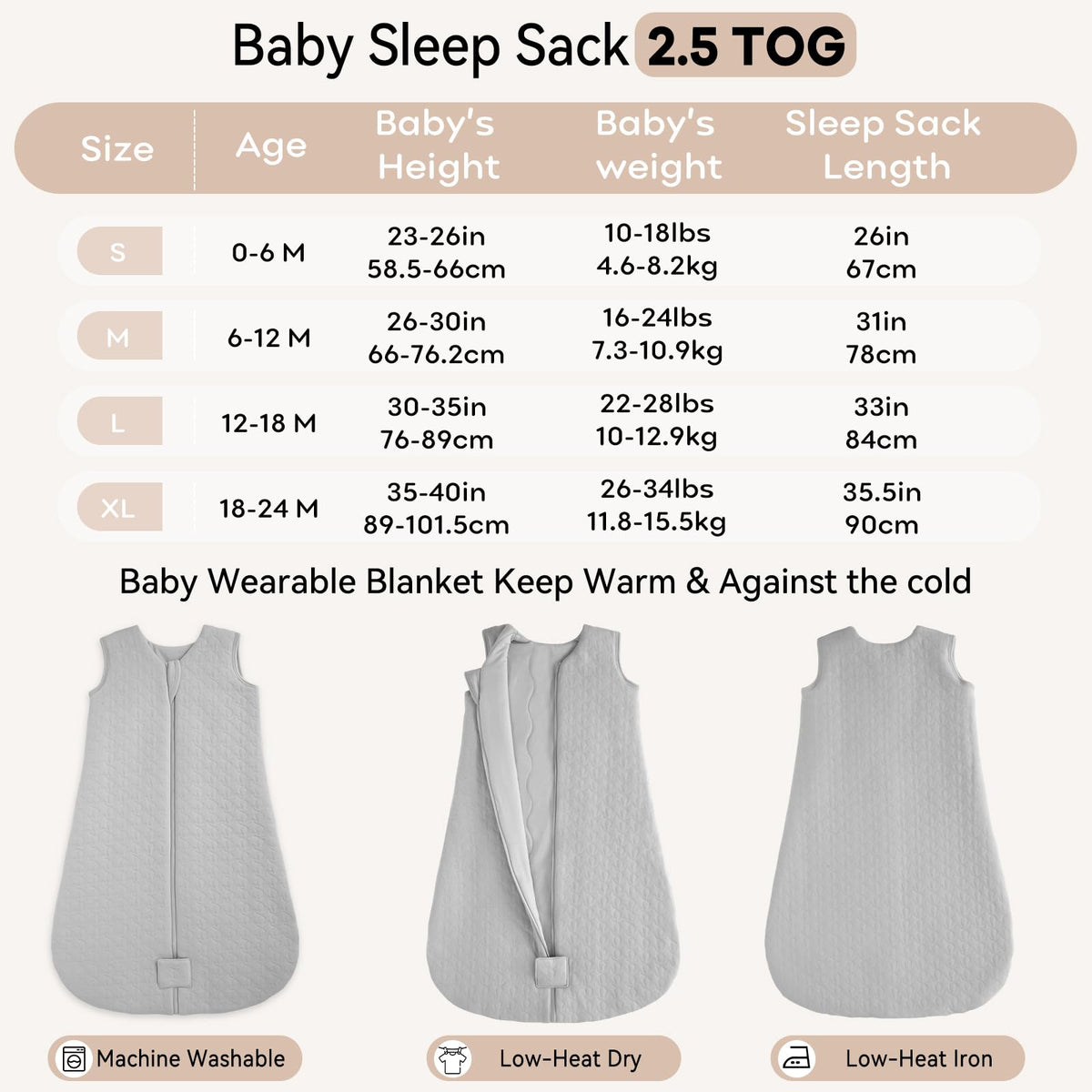 Unnivoll Baby Sleeping Bag 2.5 Tog 0-6 Months 100% Cotton Winter Sleeping Bag Baby 2-Way Zipper Quilted Sleep Sack for Newbron Infant Warm Soft Apricot