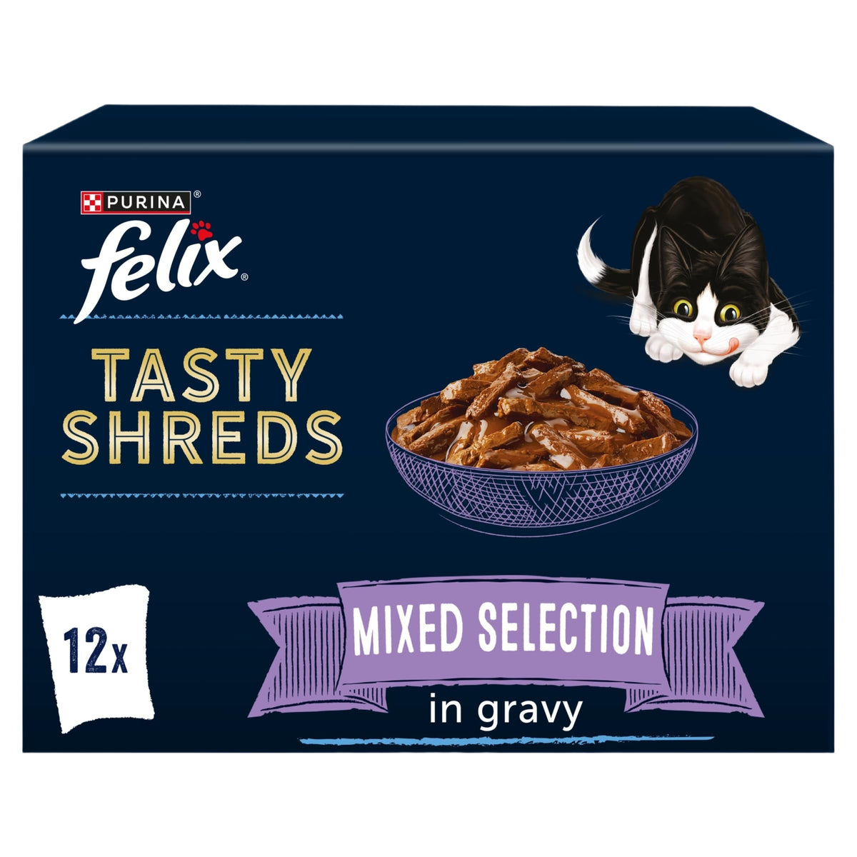 FELIX Tasty Shreds Adult Wet Cat Food Mixed Selection in Gravy Chicken, Beef, Tuna, Salmon 40 x 80g Pouches