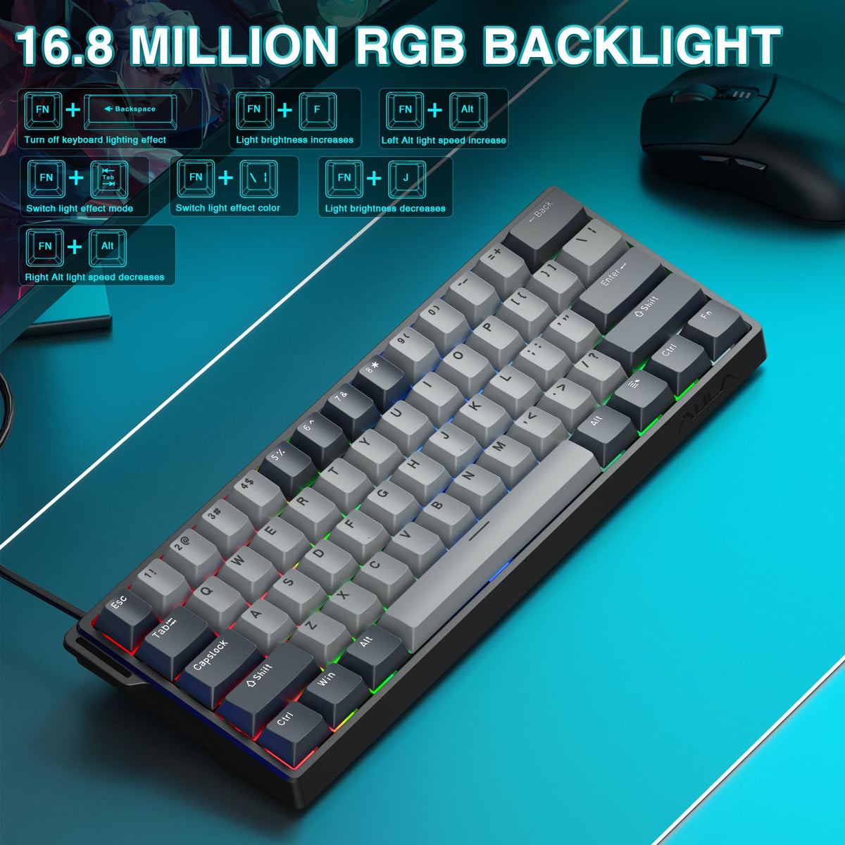 AULA WIN60 HE Mechanical Gaming Keyboard Wired,Hall Effect Magnetic Switches,Adjustable Actuation Rapid Trigger,8K Polling Rate,RGB Backlight,60% Percent Keyboard for Mac/Win (BLACK) (Pack of 2)