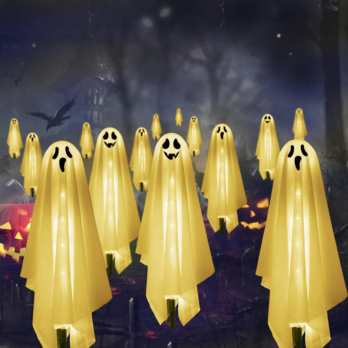 Set of 6 Solar Ghost Stake Lights, Halloween Decorations Outdoor, Scary Spooky Garden Patio Grave Lawn Porch Pathway Lights for Outside Yard Trick or Treat Halloween Party Decor Cool White