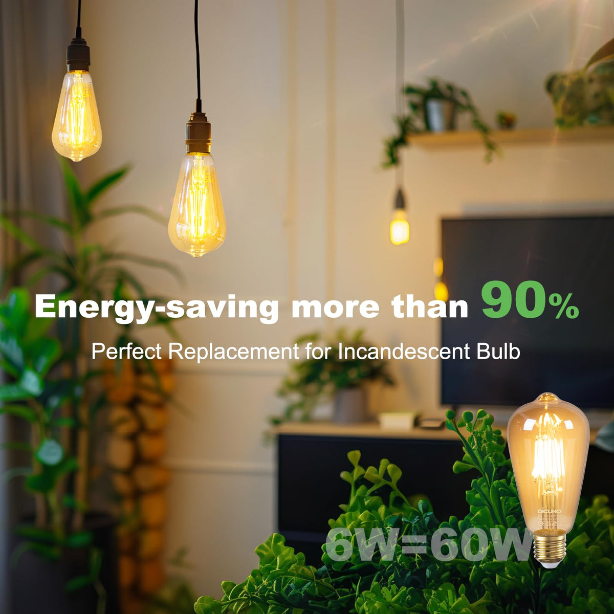 DiCUNO Vintage Light Bulb E27 Edison Screw Bulb, 6W, Warm White 2200K, 6Pcs
