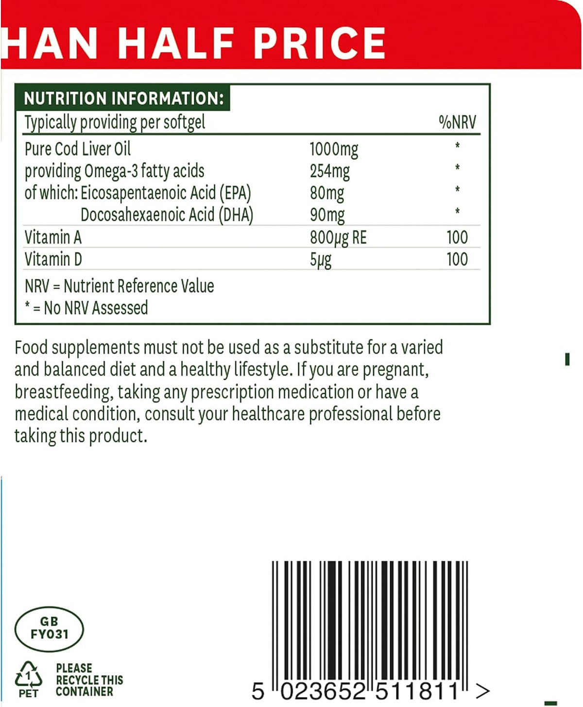 Natures Aid Cod Liver Oil 1000mg – 180 Capsules