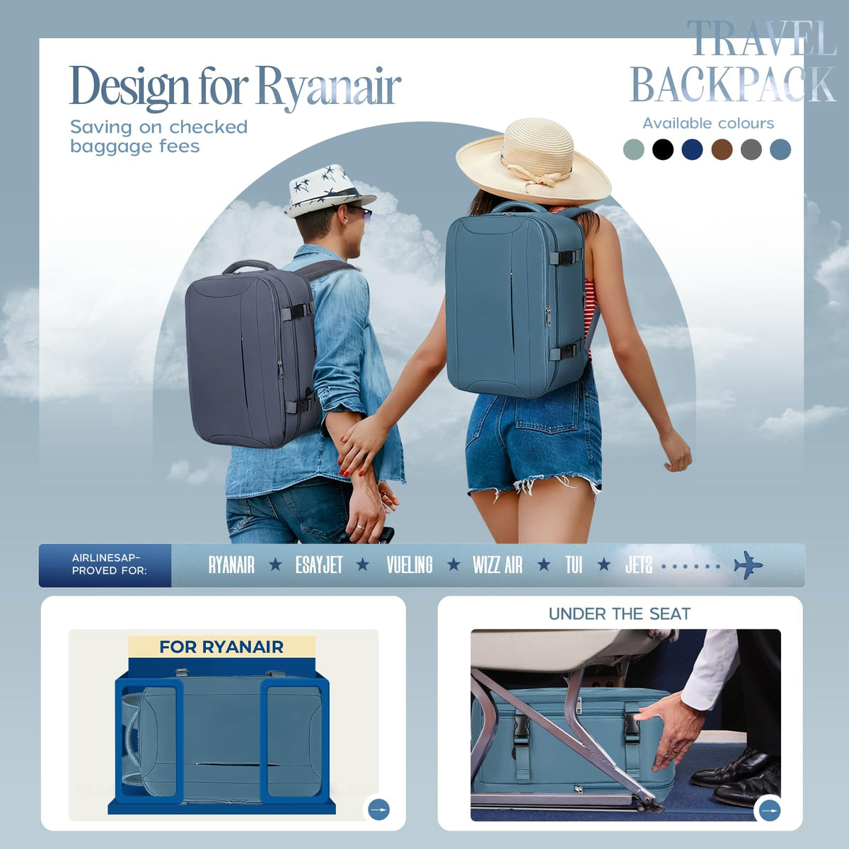 Xkdoai for Ryanair Cabin Bags 40x30x20,Backpack with TSA Approved Clear Bag