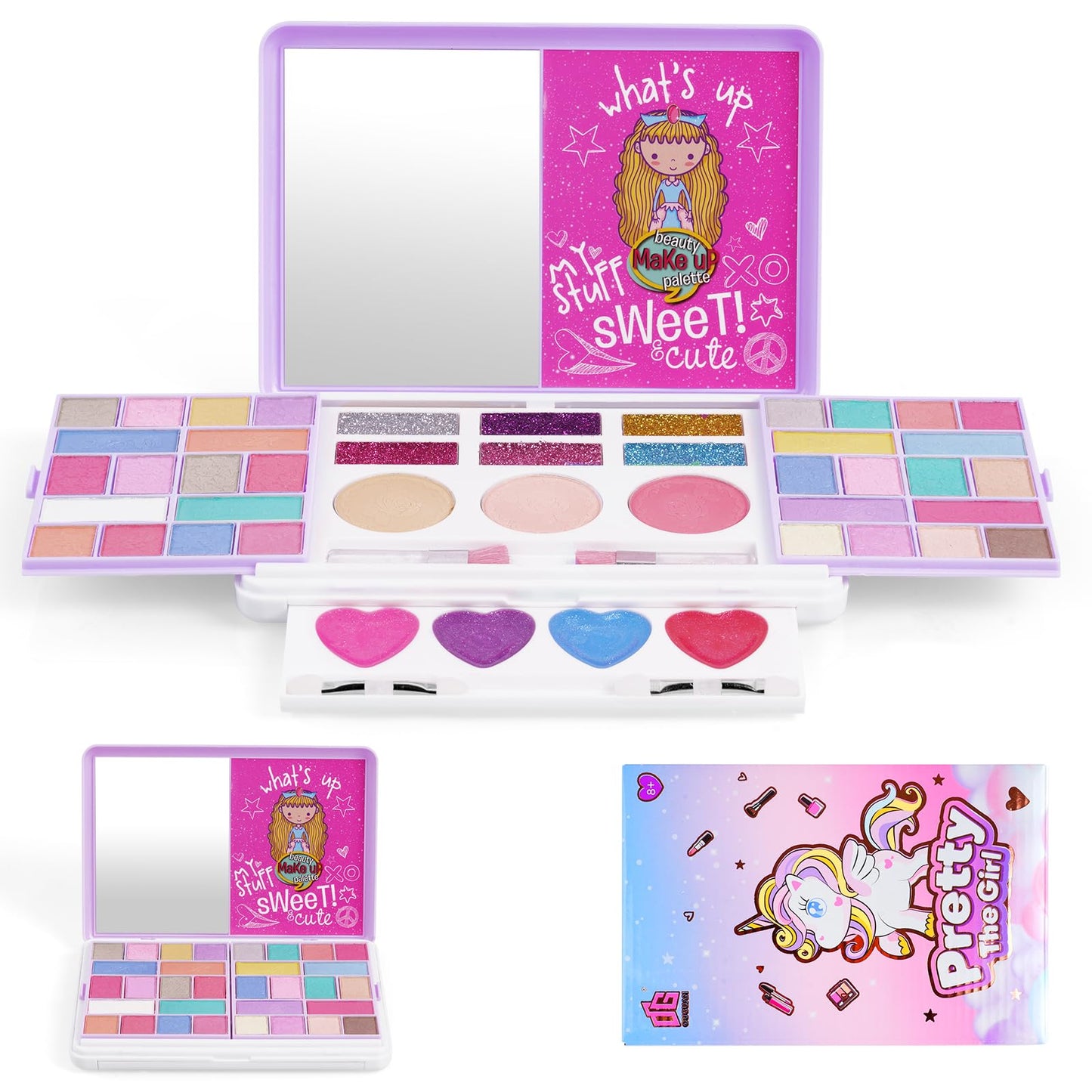 Aomig Kids Makeup Sets for Girls, 37 Pcs Washable Children's Make Up Kit with 8 Brushes, Non-Toxic Cosmetic Beauty Set Gift for Kids, Princess Pretend Play Games Toys Birthday Christmas Presents