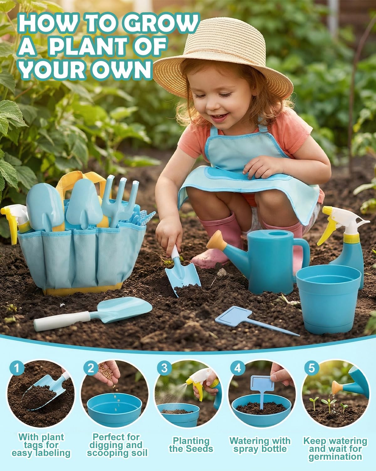 15pcs Kids Gardening Tool Set, Outdoor Gardening Set with Tools, Rake, Fork, Trowel, Watering Can, Gloves, Tote Bag & Plant Pots, Fun Garden Gift for Boys Girls Ages 3-12, Sky Blue