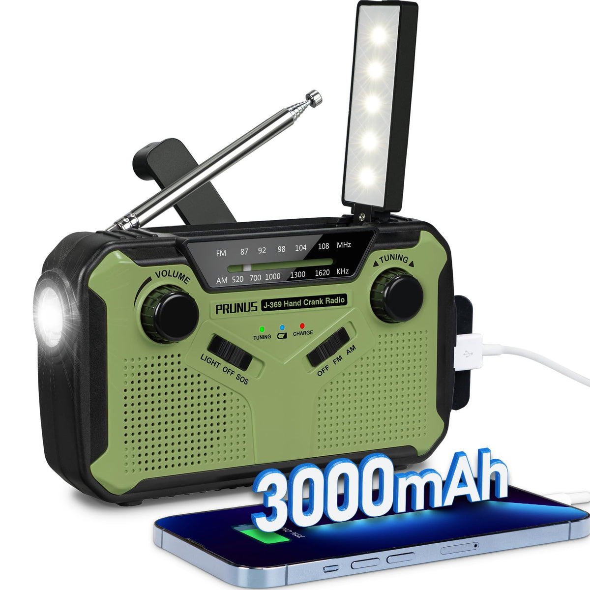 PRUNUS J-369 Wind Up Radio Solar, AM/FM Emergency Hand Crank Radio