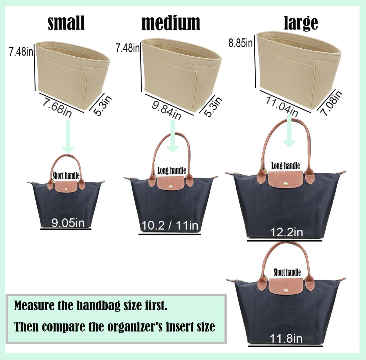 Lckaey tote bag organizer insert for Longchamp le pliage large tote insert felt purse zipper bag organizer 1028pink-S