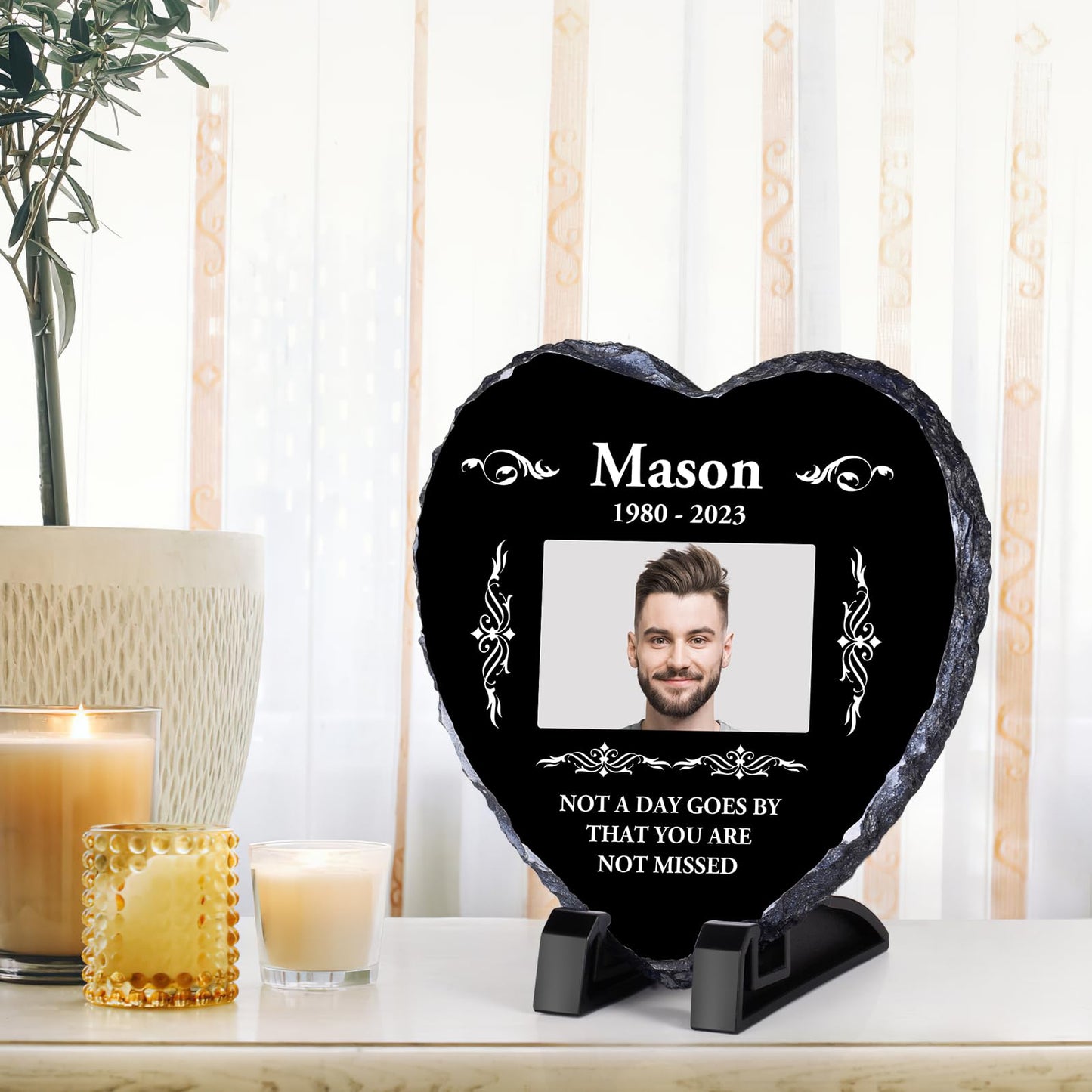Personalised Memorial Plaque, Custom Rock Slate Frame with Photo Text, Customised Memorial Gifts for Loss of Loved One, Cemetery Decorations for Grave