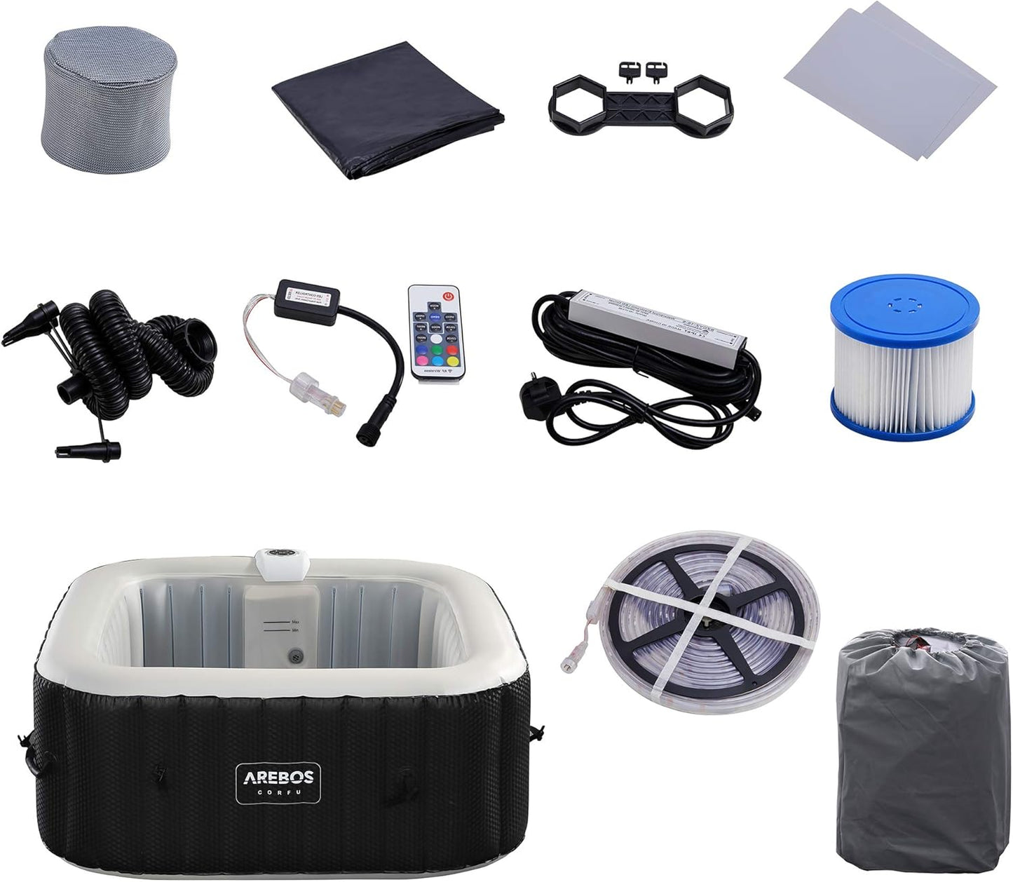 Arebos Inflatable Hot Tub | Indoor & Outdoor Spa Pool | 154 x 154 cm | with LED lighting | square |4 persons | 100 massage jets | with heating | 600 L | Incl. cover | Bubble Spa & Wellness Massage