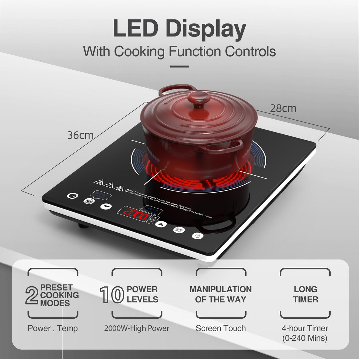 VBGK Portable Ceramic Hob, 2000W Portable Electric Hob, Electric Ceramic Hob, Single Cooking Zone with LED Display, 4-Hours Timer, Safety Lock, Residual Heat Indicator