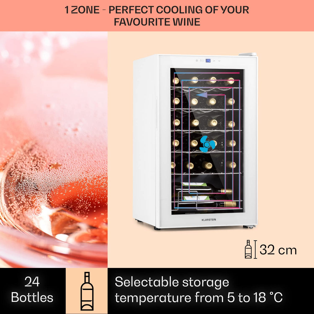 KLARSTEIN Shiraz Wine Cooler Black – 8 Bottles, 1 Zone | Freestanding Wine Fridge with Glass Door, Quiet, 5–18 °C, LED, Stainless Steel Frame