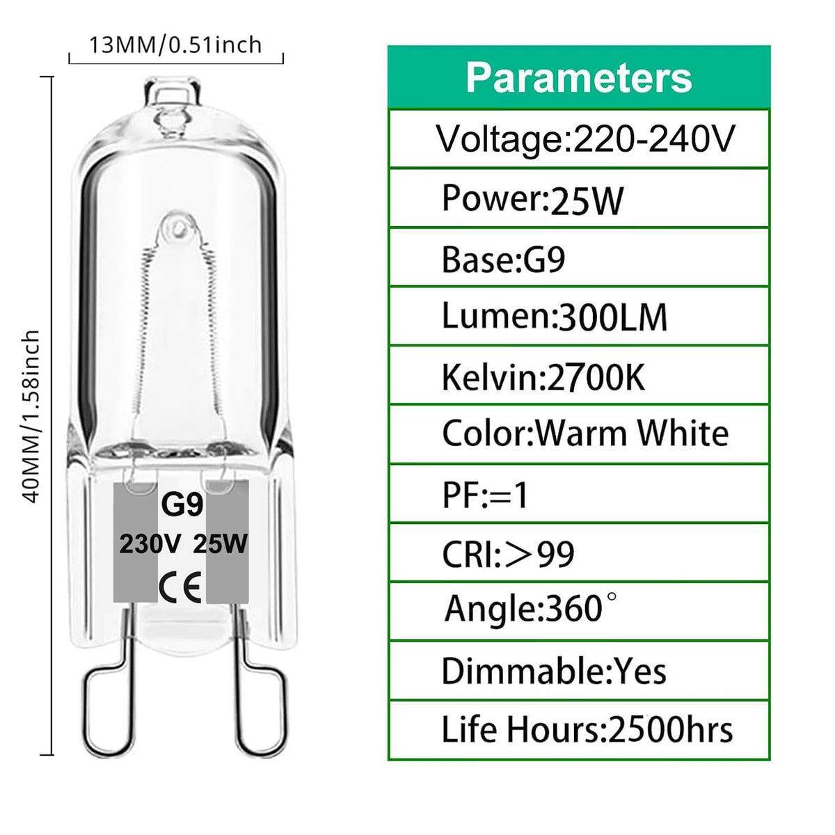 G9 Halogen Bulbs 33W, G9 Halogen Light Bulbs Warm White 2700K, Capsule Bulb Dimmable 230V for Ceiling Lights, Crystal Lamps, Chandeliers，Ovens, Microwave, Non Flicker,6 Pack
