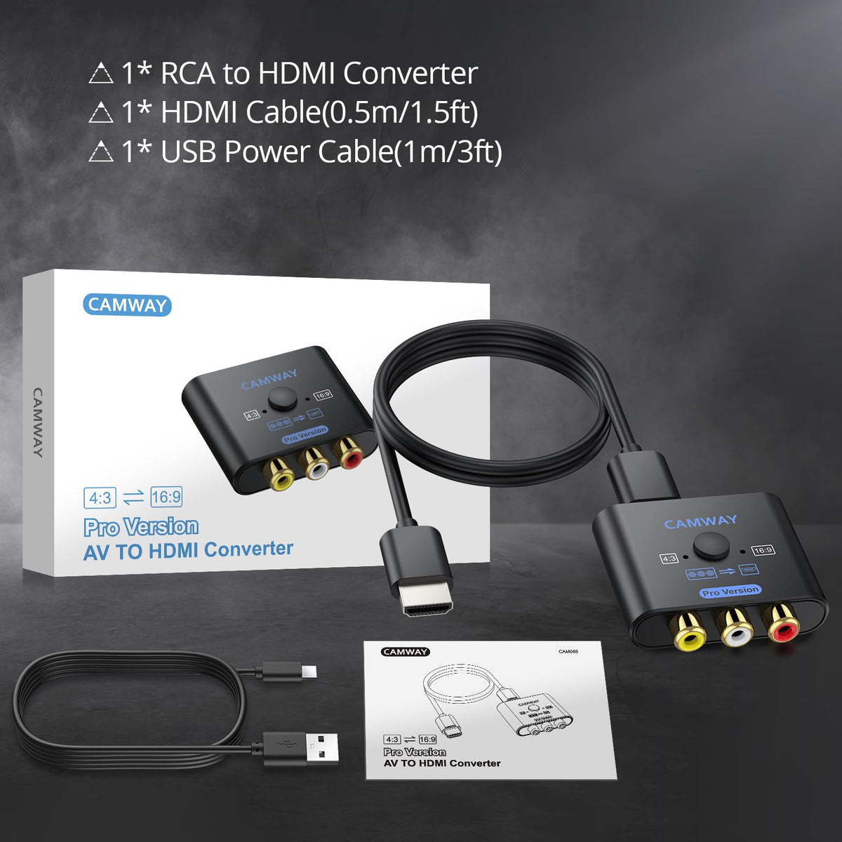 CAMWAY RCA to HDMI Converter, 1080P AV Adapter, 4:3/16:9, No HDMI Cable