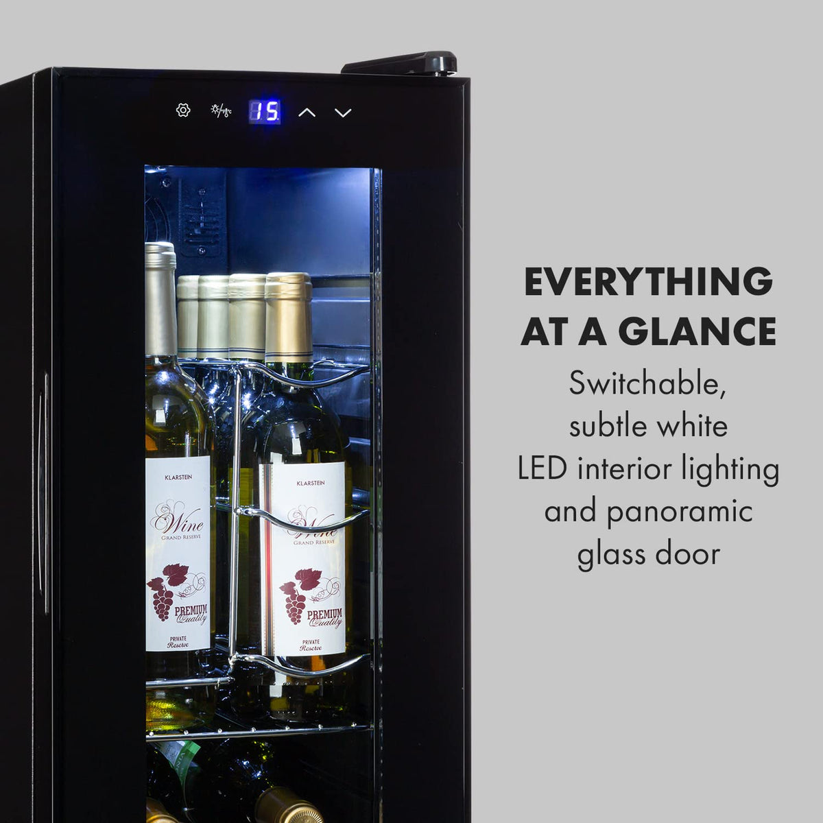 KLARSTEIN Shiraz Wine Cooler Black – 8 Bottles, 1 Zone | Freestanding Wine Fridge with Glass Door, Quiet, 5–18 °C, LED, Stainless Steel Frame