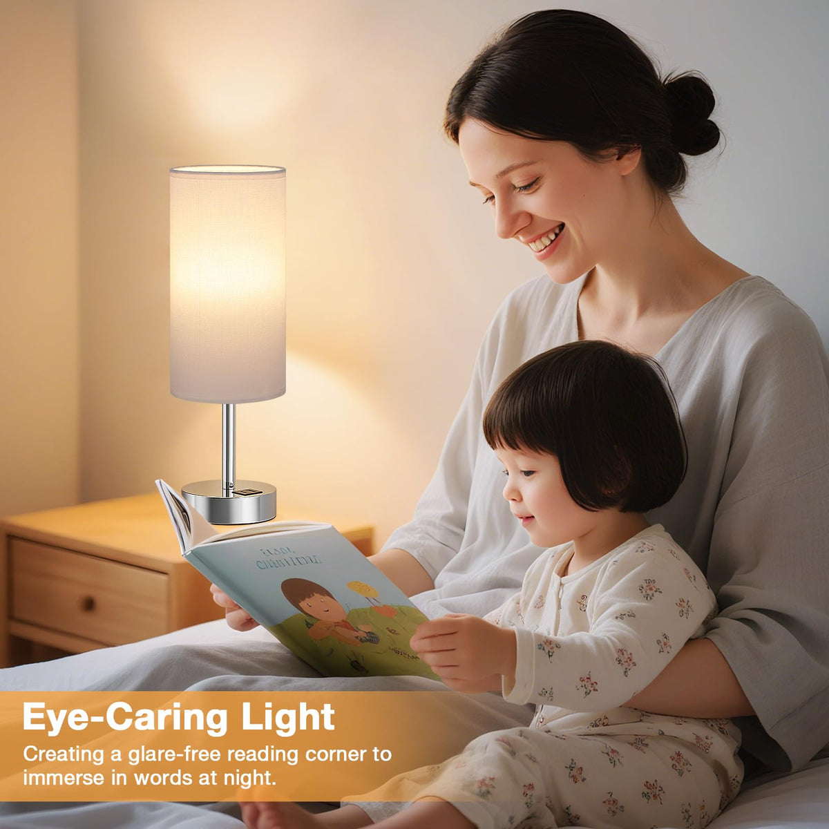 Aooshine Grey Table Lamp, 3-Way Dimmable, USB A + C Charging