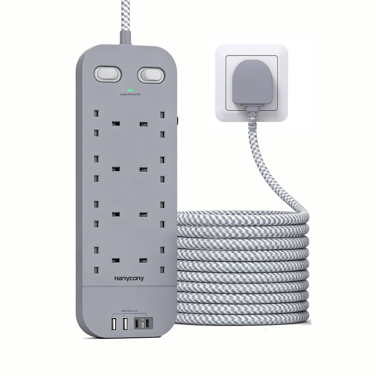 Extension Lead with 2 USB C Slots, 8 Way Power Strip Surge Protector