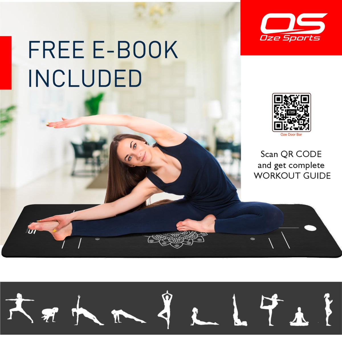 OZE SPORTS Yoga Mat, NBR Foam, Extra Thick, Non-Slip, High Density, Large, for Pilates, Gymnastics, HiiT and Fitness, with Free Carry Strap