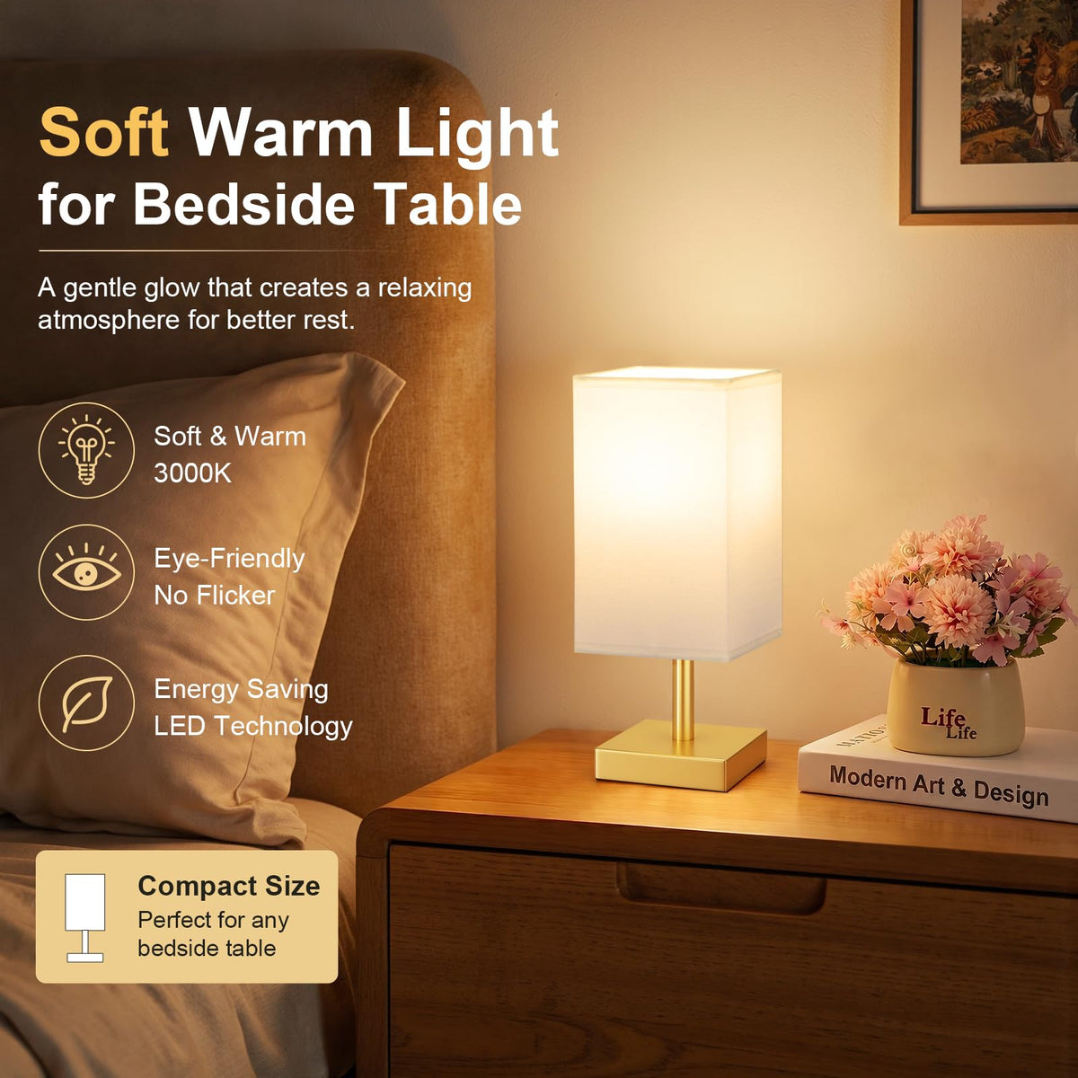 White Table Lamp for Bedroom, Small Bed Lamp with for Bedroom, Silver Base(Bulb Included)