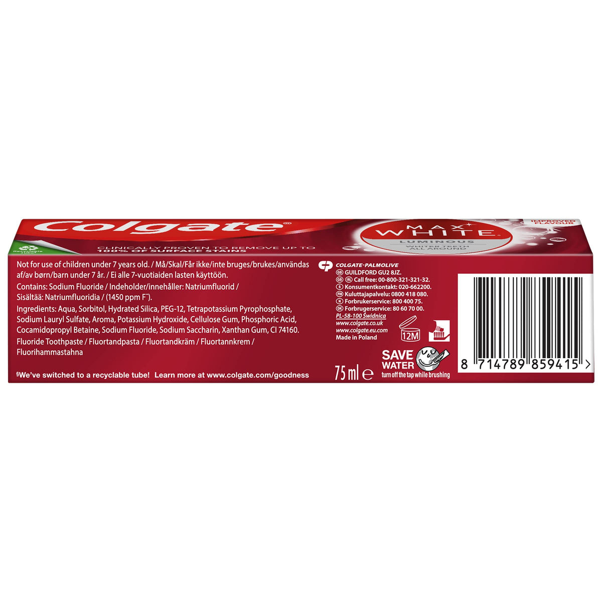 Colgate Max White Purple Reveal Teeth Whitening Toothpaste - Clinically Proven to Remove up to 100% of Surface Stains** - Fluoride Toothpaste - Colgate Multipack - 4 X 75ml