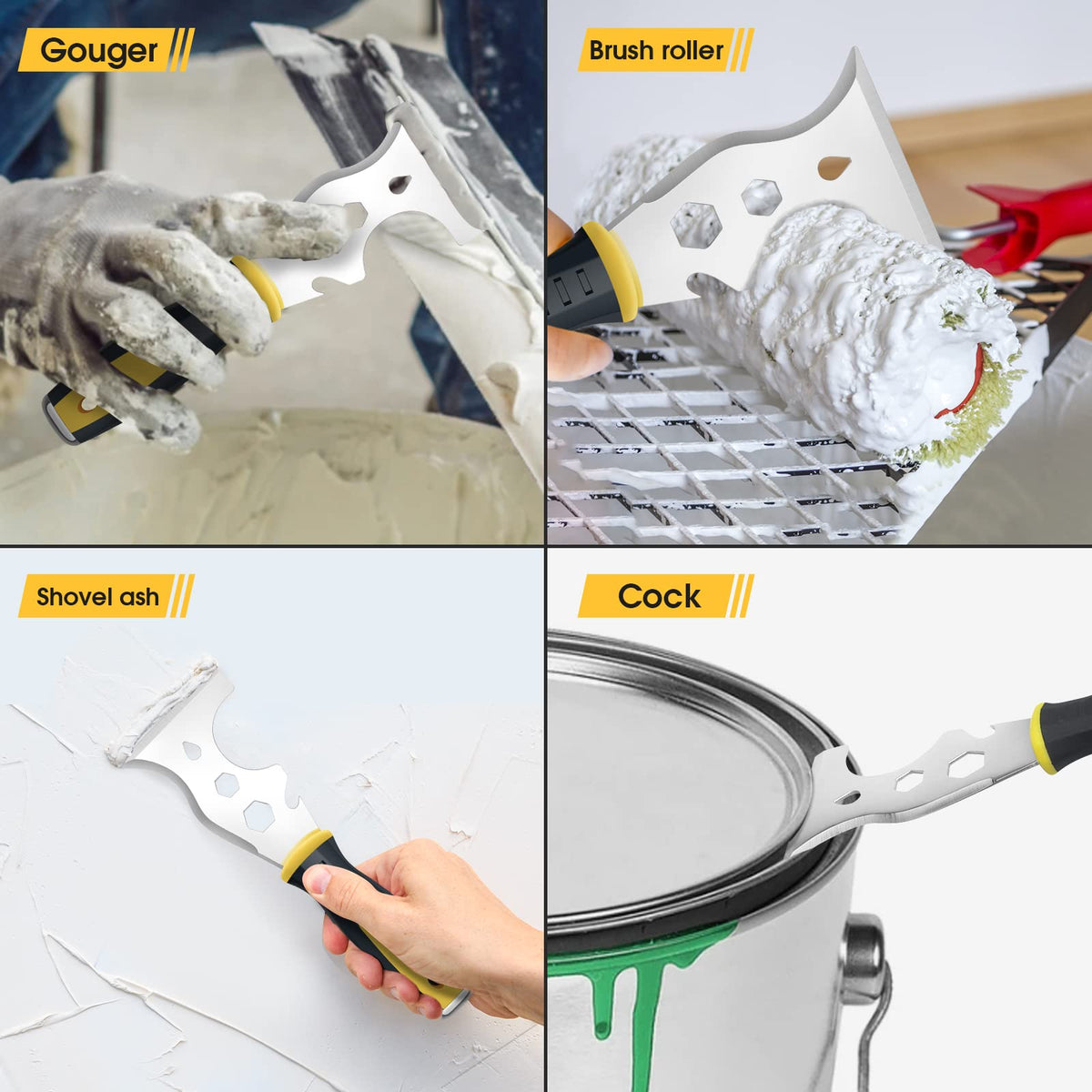 suokoun Wallpaper Scraper Set, 7 Pieces Stainless Steel Drywall Hand Tool Kit Includes Taping Putty Tool and 12" Mud Pan with Soft Grip Handle for Drywall Work