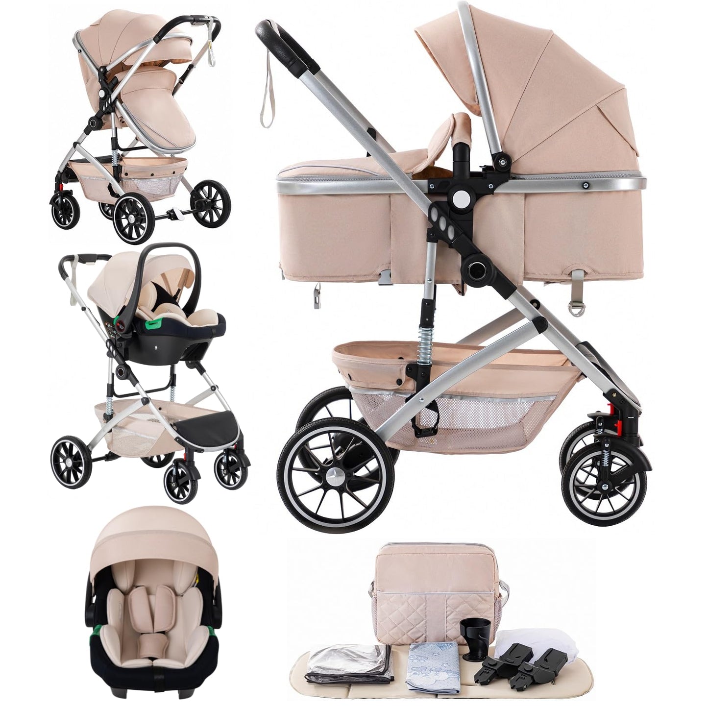 Baby Stroller 3 in 1,Travel Pushchair's Lie-Flat Pram is Foldable, Stroller System Handle is Adjustable, The Wheels are Made of PU Material, Suitable for 0-3 Years-Khaki