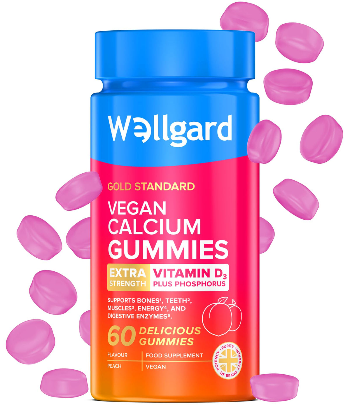 Wellgard Kids Calcium & D3 Gummies - 2 Month Supply - Vegan Chewable Calcium and Vitamin D3 Gummies, Mixed Berry Flavour