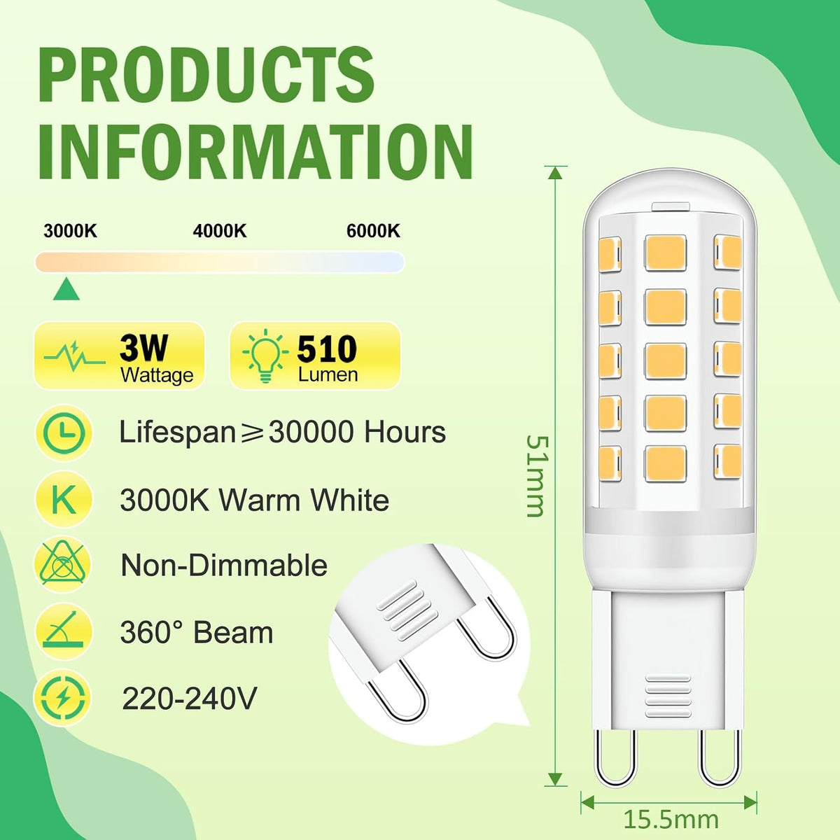 G9 Led Bulbs Warm White 6-Pack, 3W 510 Lm 3000 Kelvin G9 Led Light Blubs, Equivalent to 30-40W Halogen, 220-240V No Flicker Non-Dimmable Energy Saving, for Home Lighting Decor [Energy Class C]