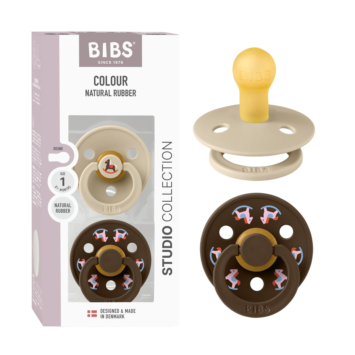 BIBS Colour Soother 2-Pack, BPA Free Dummy Pacifier, Round Nipple. Natural Rubber Latex, Made in Denmark, Size 2 (6-18 Months), Baby Blue